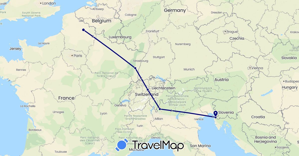 TravelMap itinerary: driving in Switzerland, France, Italy, Slovenia (Europe)